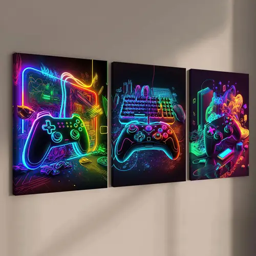 Modern Neon Gamepad Lightsaber Man Pattern Triple Canvas Painting with Frame, 3 Counts/set Artistic Modern Wall Art Painting, Wall Art Decor for Home Living Room Bedroom Office, Above Bed Wall Decor, Wall Art Decoration, Decorative Artwork