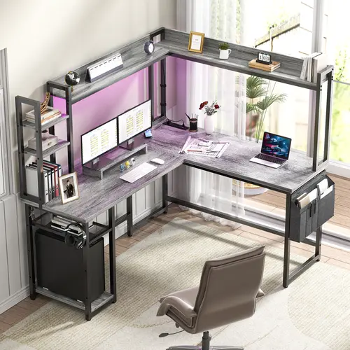 Reversible L-Shaped Office Computer Desk - Multi-Functional Wood Computer Table with Power Outlets, LED Gaming Desk Features, Monitor Stand, Full Hutch Storage Shelves, Easy Assembly for Home Office Dual Monitor Setup
