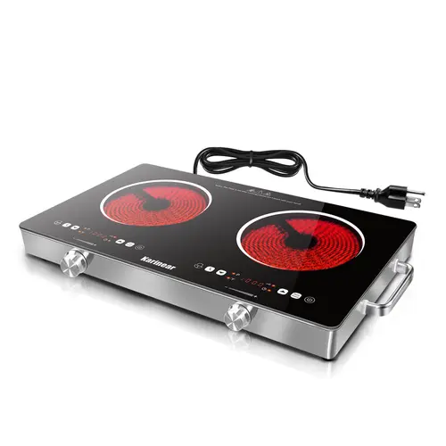 Karinear 2000W Portable Electronic Induction Cooktop, Energy-Saving Multi-Function Double Burner with Stainless Steel Build, Handle, Child Lock, Timer, Knob & Touch Controls, 9-Level Adjustable Temperature Kitchen Appliance