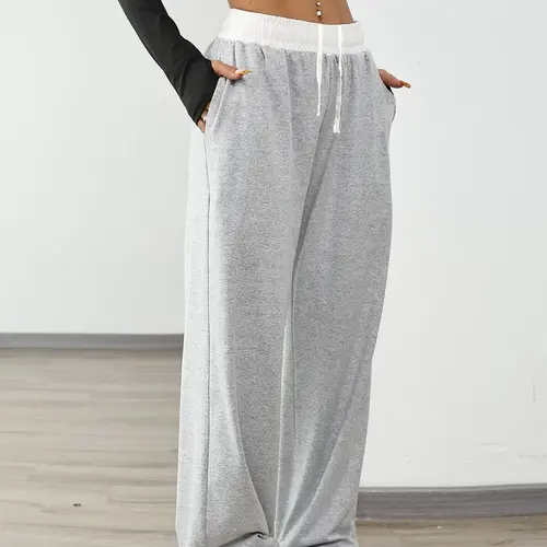 Women's Colorblock Drawstring Waist Sports Pants, Workout Casual Baggy Sweatpants, Sporty Pocket Design Wide-Leg Trousers for Daily Wear, Ladies Sportswear for All Seasons, Knit Athletic Pants, Sweatpants with Pockets