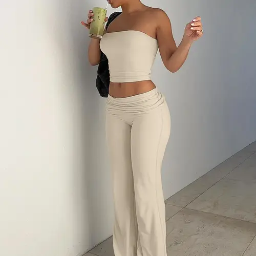 Two-Piece Set Women's Solid Basic Crop Strapless Fitted Tube Top & Foldover Waist Flare Leg Pants, Everyday Casual Fashion Cozy Fabric Outfits for Daily Outdoor Wear, Ladies Clothes for Summer