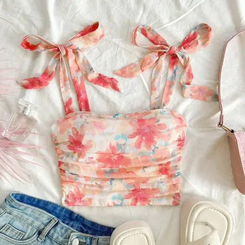 Women's Floral Print Ruched Tie Shoulder Crop Cami Top, Cropped Cami, Boho Sleeveless Square Neck Crop Top for Summer, Ladies Clothes for Beach Holiday Vacation