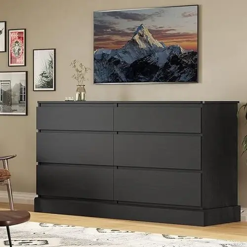 Sikaic 6 Drawers Double Dresser, 51.5''W Wooden Storage Chest of 6 Drawers, Large Capacity Clothing Storage Cabinet, Wide Black Dresser for Bedroom, Home Furniture, Dorm Essentials [tiktokshopbacktoschool]