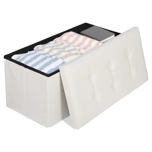 Segawe 30-in Waterproof PVC Leather Storage Ottoman Bench - Foldable Footstool with Storage, Sponge Padded Lid, Wipes Clean, 29.9x14.8x14.6 in, 10.3 lbs, Durable & Comfortable Design, 1-Piece Small Space Home Decor Items (Beige, White, Black, Brown), Room