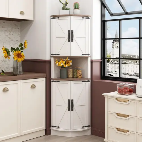 [tiktokshopbacktoschool] Vabches 64.8" Tall Farmhouse Corner Cabinet with 4 Doors and 5 Storage Shelves, Farmhouse Storage Cabinet with Barn Door Design, Home Space Saver for Living Room, Kitchen, Laundry Room,dorm essentials,home decor