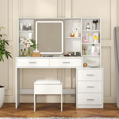[tiktokshopbacktoschool] Vabches Modern LED Vanity Desk with Mirror, 3-Color Lights, Charging Station, 5 Drawers, 5 Hooks, Hidden & Open Shelves (White Makeup Vanity Table)