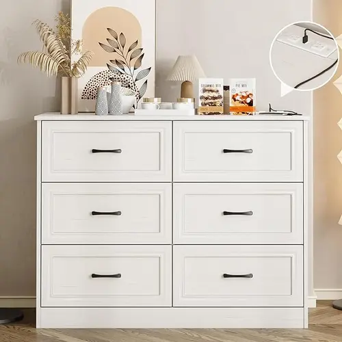 [SohoChic] Vabches Modern Wood Cabinet Chest - Sturdy 6/9 Drawer Wide Dresser Organizer with Charging Station, Storage Design Furniture for Bedroom, Wood Drawers Dresser with Metal Handles, Dresser For Bedroom, Modern Farmhouse