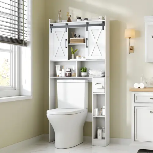 [SohoChic] Vabches Engineered Wood Over-The-Toilet Storage Cabinet - Sliding Barns Doors, Neutral Grain Rectangular Form, Farmhouse Bathroom Space Saver for Bathroom Organization, Small Laundry Room,dorm essentials,home decor