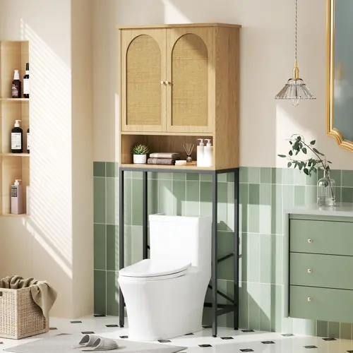 [SohoChic] Vabches Rattan Toilet Storage Cabinet, Over the Rack Wood Cabinet with Metal Stand, Bathroom Organizer with Adjustable Shelf, Tall Freestanding Washer Shelf, Small Cupboard, Space Saver