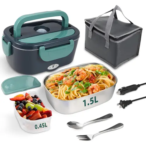 Black Friday Electric Lunch Box 1.5L/1.8L Stainless Steel 12V 24V 110V Food Warmer with Fork Spoon Bag Leak Proof for Car Truck Home Work 80W Black