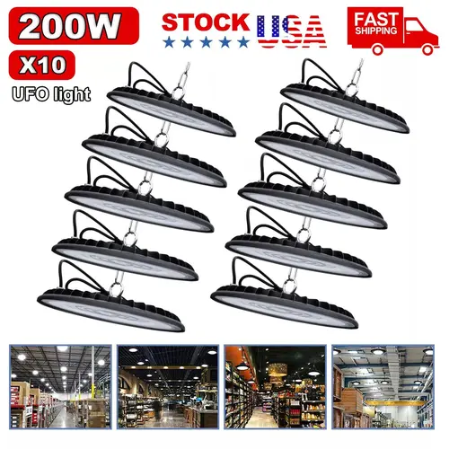 Bright LED UFO High Bay Lights - 10x200W Ceiling-Mount Industrial Commercial Shop Lighting for Factory, Warehouse (Not for All Ages Application)