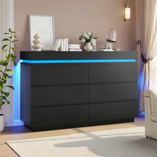 Sikaic 6-Drawer Dresser with Charging Station, LED Lights, and Sliding Desktop - Wide Black Bedroom Storage Cabinet, Dressers for Bedroom