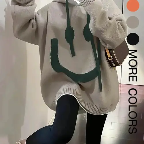 Women's Cartoon Face Print Drop Shoulder Hooded Knitted Soft Sweater, Fashion Casual Style Long Sleeve Drawstring Hooded Sweater for Daily Holiday Outdoor Wear, Women Knitwear Tops for Fall & Winter, Sweaters for Women, Cozy Knitwear, Womenswear