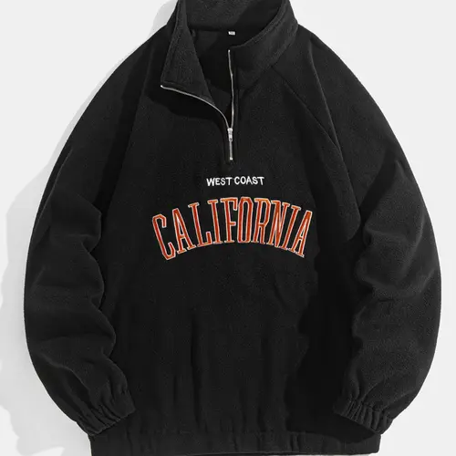 Men's Letter Embroidery Polar Fleece Quarter Zip Sweatshirt, Casual Regular Fit Raglan Sleeve Stand Collar Pullover for Fall & Winter, Fashion Men's Clothes for Daily Wear, Long Sleeve, Casual Style Sweatshirt, Menswear, Tops
