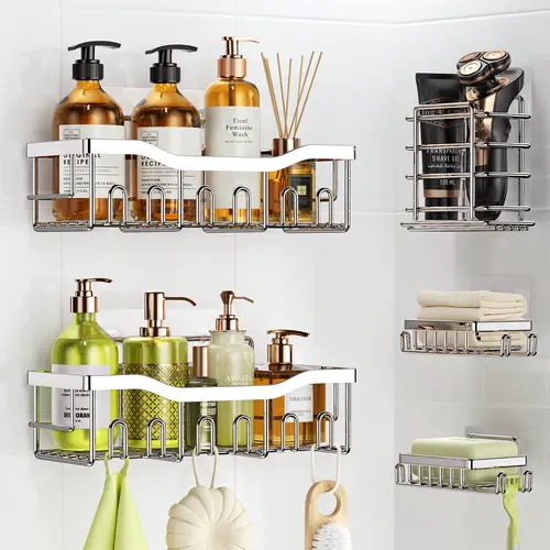 5-Pack Corrosion-Resistant Stainless Steel Bathroom Caddy Organizer Set - Adhesive Waterproof No-Drill, 2 Large Hollow Hanging Shelves, 2 Soap Trays, Fast Drainage, Dormitory Accessories for Tile/Glass/Marble
