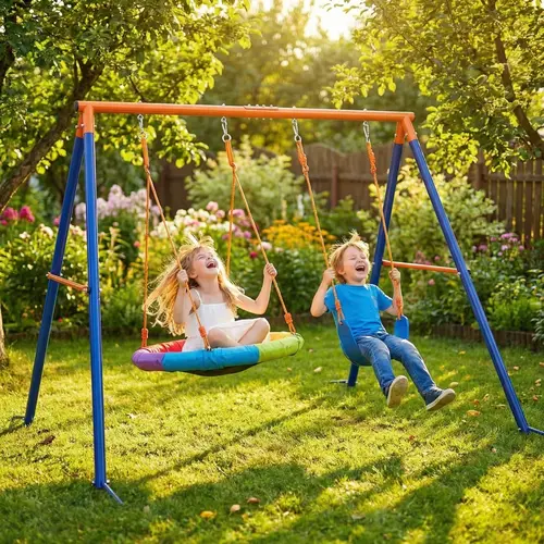 Swing Sets for Backyard, 440lbs Swing Set with Heavy-Duty Metal Frame and Adjustable Ropes,  Gift for Kid,