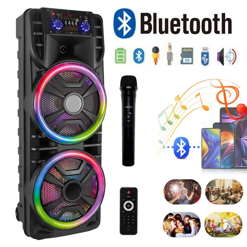 Portable Party Box Dual 12inch Karaoke Speaker System With Wireless Microphone, Bluetooth, LED Lighting & Rechargeable FM Radio Remote Control Smartphone Audio