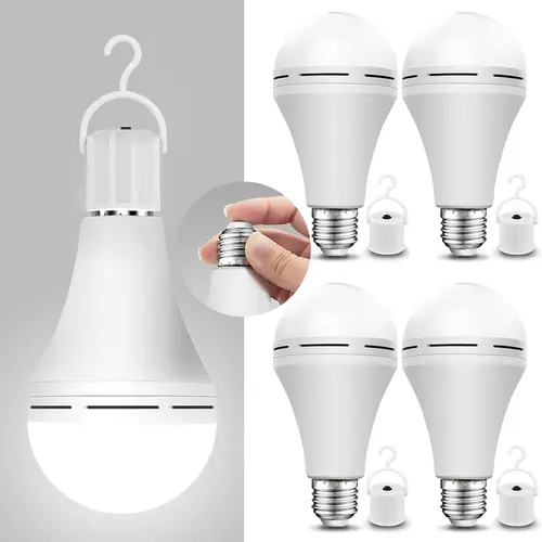 4-Pack White LED Emergency Bulbs, A19 Shape, 60W Equivalent 1.5W Self-Charge 120-Volt Energy Saver, 220lm, Outdoor Hook, 4-5hr Outage Light, Standard Base, Home Power Backup