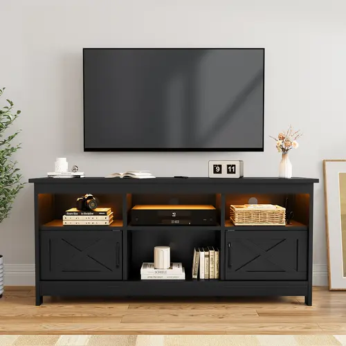 DWVO Farmhouse TV Stand for TVs Up to 65 Inch, Modern Entertainment Centre with Power Outlet, TV Shelf with Storage Cabinet, Television Stands for Living Room, Media Console, 59"