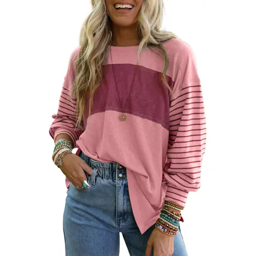 Dokotoo Long Sleeve Fall Tops Oversized 2026 Trendy Round Crew Neck Casual Color Block Womens Shirts Blouses