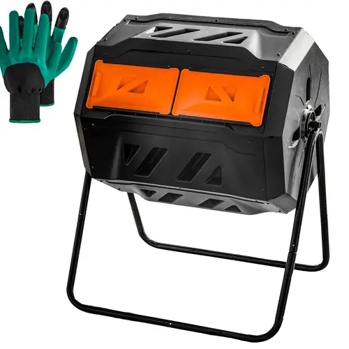 Hourleey Compost Bin Outdoor, 43 Gallon Dual Chamber Tumbling Composting Bin with Sliding Doors, Tumbler Rotating Batch Composter Bin for Garden Kitchen Yard Household Items
