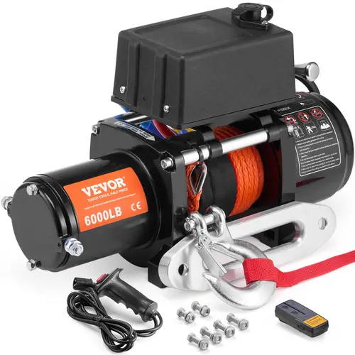 【toolupgrade】VEVOR 12V Electric Winch for Truck, 6000 lbs Capacity, Synthetic Cable, Waterproof Remote Control, 195.8:1 Gear Ratio, Heavy Duty Vehicle Accessory, Weather Resistant