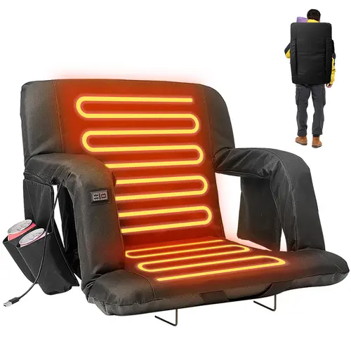 SLSY Unisex Heated Stadium Bleacher Seat with Back & Arm Support, Adjustable 3-Level Heat, 6 Reclining Positions, Secure Straps, Warm Outdoor Use for Sports Events, Hiking 【Batteries Not Included】