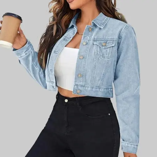 ZEAGOO comfyclothing  Women's Short Button Down Long Sleeve Denim Shorts Lightweight Denim Jacket With Pockets Jacket,clothes for back to school,first day of school outfits