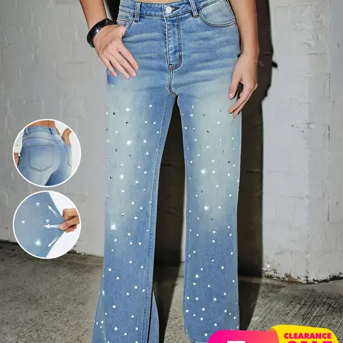 Women's High Elastic High Waist Rhinestone Straight Leg Fitted Stretch Denim Jeans Pants Trouser, Casual Fitted Style Design with Pockets and Zipper, Fall & Winter Fashion