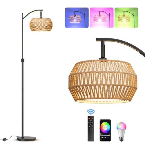 DEMILARE Bohemia Rattan Arc Floor Lamp with Adjustable LEDs, Foot Switch, Remote Control, 3-Color Temp, Dimmable RGB Modes, Fabric Shade, Book Lights, Parenting-Friendly for Living Room Office