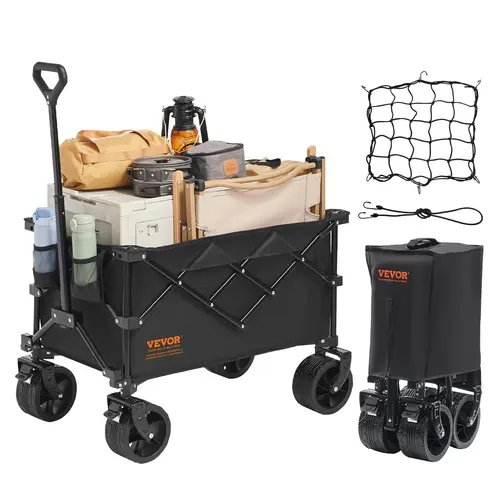 【toolupgrade】VEVOR Collapsible Folding Trolley, 330 lbs Max Load, 220 L Capacity, All-Terrain Wheels, Drink Holders, Compact Pack, Dirt-Resist Fabric, Powder Coated, Locking, Heavy-Duty Cart for Beach, Camping, Garden