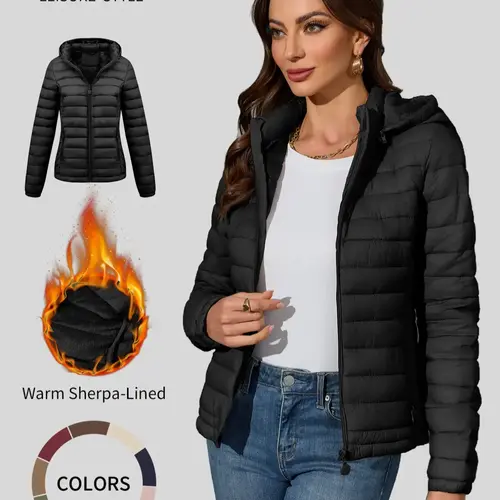 Women's Winter puffer Jacket, Casual Fitted Hooded Quilted Coat with Pockets, Warm Lightweight Commuter Outerwear for Fall & Winter