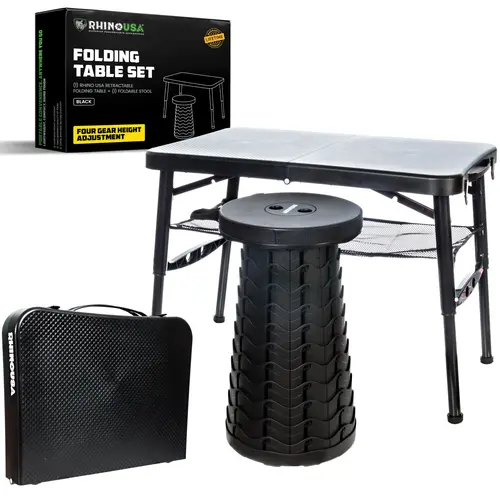 Rhino USA Portable Camping Table and Stool Set - Lightweight Foldable Camp Tables with Net for Beach Trips, Fishing, Picnic, Cooking & Much More