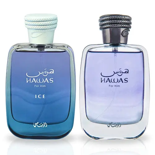 Hawas & Hawas Ice for Him Eau de Parfum Sprays 100ml (3.4 oz) by Rasasi (Value Pack) -  Men’s Perfume Set, Long Lasting Fragrance, Gift Set for Men