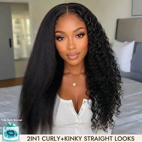 Ashimary Human Hair Front Lace Wig - New Drop 2-In-1 Kinky Straight to Curly Wet & Wavy, 7x5 Pre-Cut Lace Pull Go, Glueless Human Hair Wigs, Easy-Remove, Adjustable, Natural Part Line, Scalp-Breathable Fit,sohochic
