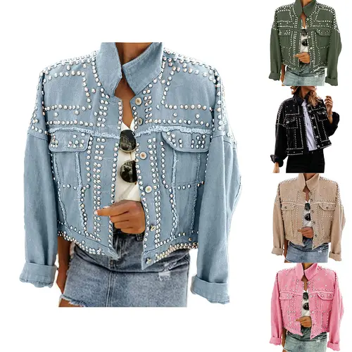 Ommig Women's Pearl & Rivet Studded Washed Denim Jacket - Minimalist Basic Women's Fashion Tops, Casual Short Loose Fit Long Sleeve Button-Up Breathable Outerwear with Pearls