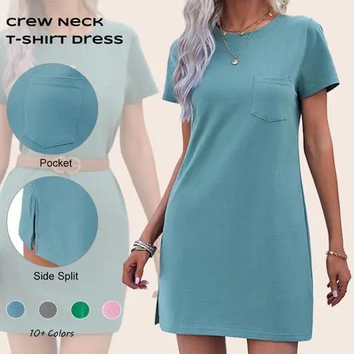 Imily Bela Women T Shirt Dress Summer Fashion Mini Dress Crew Neck Short Sleeve Dress Solid Color Casual Dress with Pocket