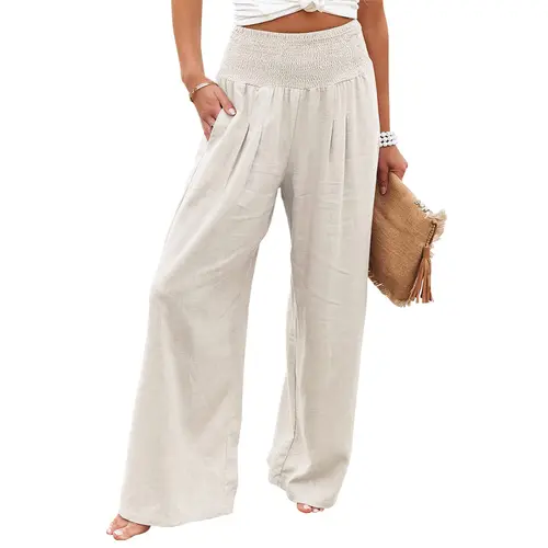 CHOUYATOU Women's Chic Cotton Linen High Waisted Palazzo Pants with Pockets, Casual Trousers for Work Fashion, Piece, Baggy, Straight, High Waisted Pants, Basic, Side Pockets, Crop, Boho Chic Pants