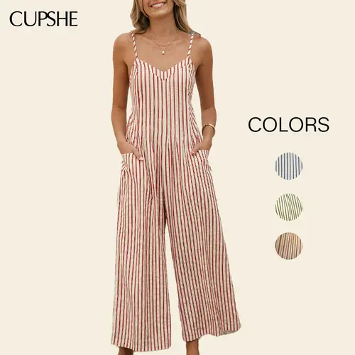 【Restocked】CUPSHE Women's Striped V-Neck Sleeveless Stylish Jumpsuit - Wide Leg Sleeveless Strap Overalls, Vertical Stripes Pattern Overalls, Coastal Grandma Beach Cover Up & Casual Wear,summeroutfits,vacationoutfits,beachoutfits #summerfinds
