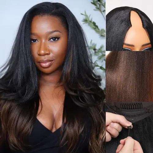 UNICE Female Heat Resistant Human Hair V-Part Glueless Wig - Yaki Straight Ombre Chestnut Brown, No Leave Out Design for Beginners, Adjustable Drawstring Full Machine Wig