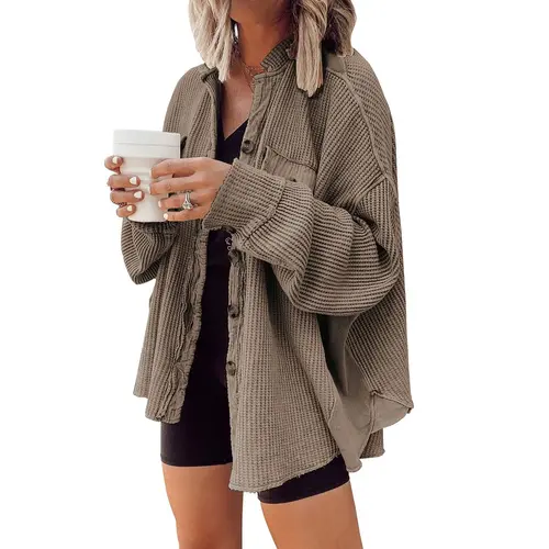 CHOUYATOU Women's Loose Fit Batwing Sleeve Waffle Knit Button Down Shacket Top - Women's Clothes, Outfits Suit for Casual Chic Office Wear in Spring Fall Winter, Tops For Women,back to school,back to school shopping