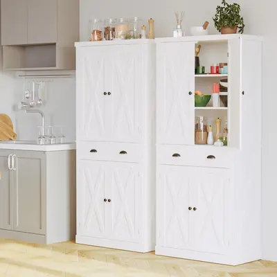 IRONCK Farmhouse Tall Storage Cabinet - 72.6" H Freestanding Modern Sideboard, Floor-Based Classic Double Barn Door Cupboard with Drawer, 4 Adjustable Shelves, Easy-Setup Room Storage Compartment for Dining, Living Rooms