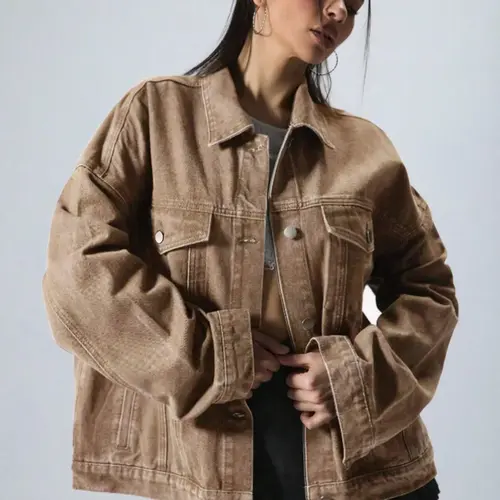 Women's Plain Button-Front Drop-Shoulder Fitted Denim Jacket Coats, Casual Long-Sleeve Collared Pocket Outerwear for Daily Wear, Aesthetic Womenswear
