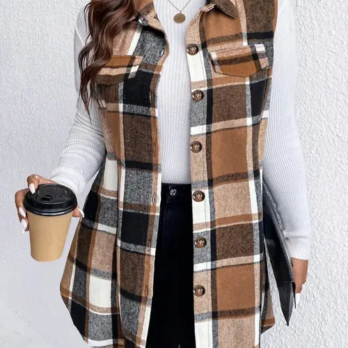 [Plus Size] Plaid Print Button Front Vest Coat Waistcoat, Casual Sleeveless Collared Outerwear for Fall & Winter, Gift Set for Women, Women's Plus Size Clothes for Daily Wear