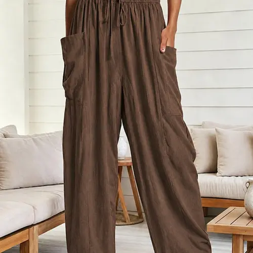 Women's Plain Plicated Drawstring Waist Harem Pants, Bohemian Street Trousers, Casual Elastic Waist Pocket Trousers for Daily Wear, Ladies Bottoms for All Seasons, Casual Elastic Waisted