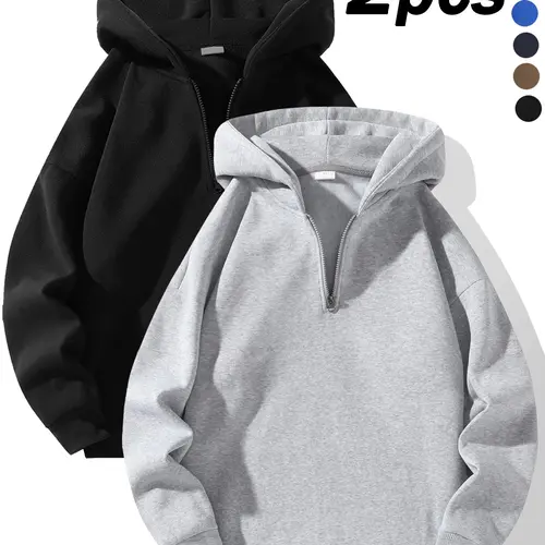 Men's Solid Half Zip Up Thermal Lined Blank Hoodie, Regular Fit Casual Drop Shoulder Long Sleeve Hooded Sweatshirt for Fall & Winter, Men's Clothes for Daily Wear, Menswear, Plain Hoodie