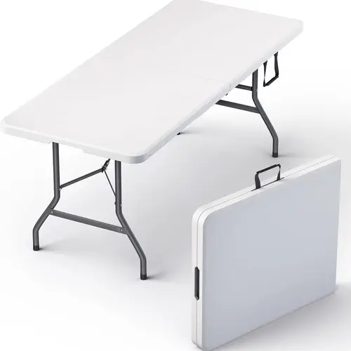6-Foot Modern Foldable Heavy Duty Table - Portable, Built-in Handle, Steel Legs, Steel Plastic Construction, High Weight Capacity Indoor/Outdoor Furniture Table