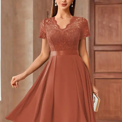 Miusol 53305 Women's Chic Short-Sleeve V-Neck Floral Lace Fitted Mermaid Gown - Contrast Chiffon Satin, Zipper-Closure Vintage Formal Wear for Prom, Wedding Guest | Womens Dresses, Elegant Dresses for Women