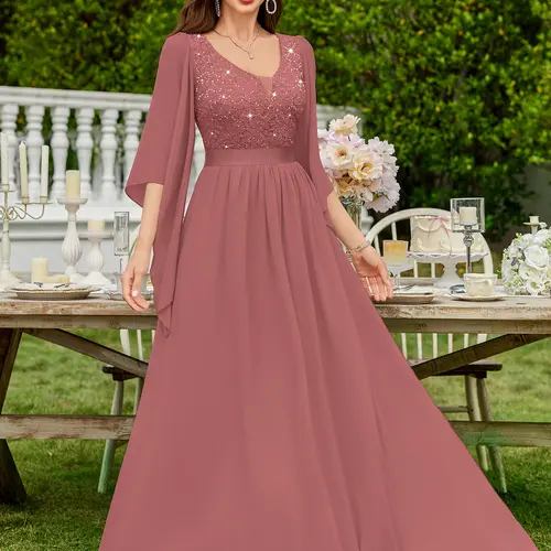 Miusol 53303 Women's Formal Chic Design Sequin Lace Maxi Length Evening Dress with 3/4 Butterfly Sleeves, V-Neckline, for Prom & Wedding Guest Wear