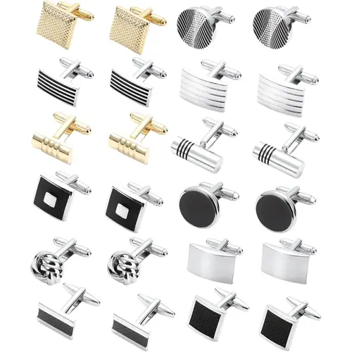 12 Pairs Male Brass Cufflinks - High-Quality Metal, Stylish Bullet-Back Closure, Silver-Black Striped Disc/Square/Rectangle, Classic Tone Jewellery, Wedding Styling Accessory, Perfect Gift for Him